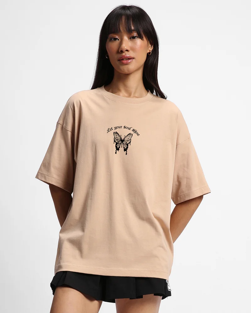بيواكوف Women's Brown Never Give Up Graphic Printed Oversized T-shirt